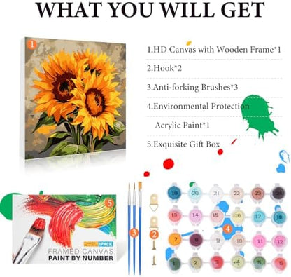 Fountor Framed Paint by Numbers Kit for Adults Beginner & Kids Ages 8-12, Sunflower Paint by Number with Frame, Easy Acrylic Watercolor Sunflower Painting by Numbers Kit on Canvas 10x10 inch - Image 4