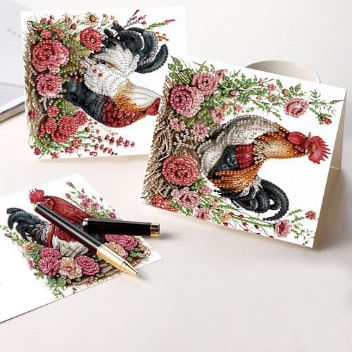 Tontut 6pcs5D Diamond Art Painting Greeting Card kit, Flower Laying Hen Rooster Adult DIY with Envelope, Special Shape Diamond Design Greeting Card Creative Gift - Image 6