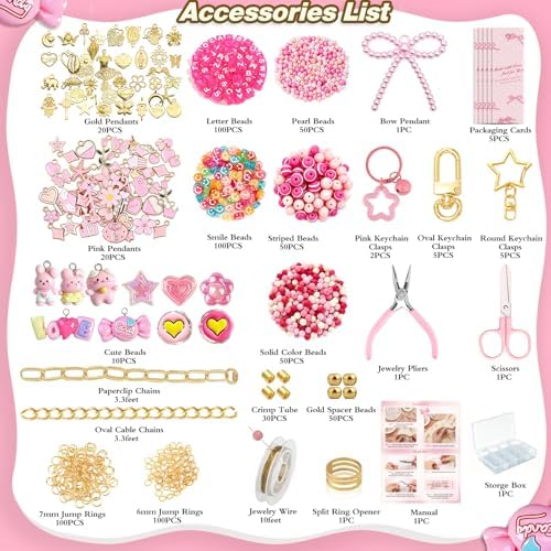 Ecoofor 707 Pcs Lip Gloss Beaded Keychain Making Kits, Pink DIY Bag Charm Kit, 78.8 Inch Chains, Key Chain Hooks, Jump Rings, Lobster Clasps, 452 Charms & Letter Beads, Tools & Gift Bags - Image 5