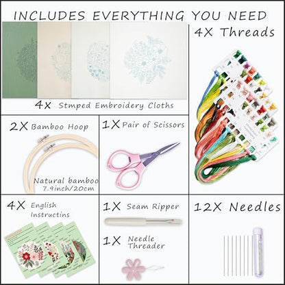 Bonroy Embroidery Kit for Beginners with Instructions,Cross Stitch Kits for Adults with Pattern,Needlepoint Kits for Adult Include Embroidery Cloth Hoops Needles Threads (flowers5) - Image 3