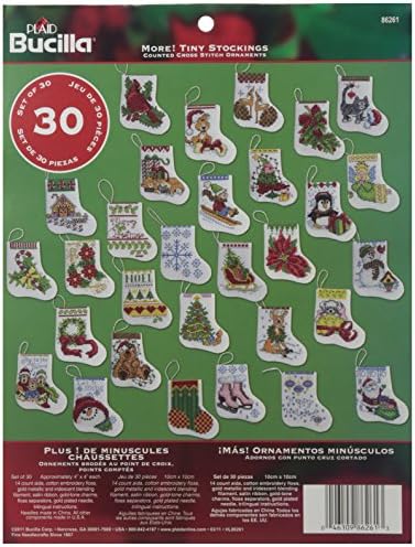 Bucilla Counted Cross Stitch Ornament Kit, 3.5 by 3.5-Inch, 86261 More Tiny Stockings (Set of 30) by Bucilla