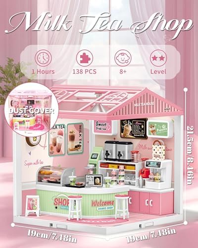 Kisoy DIY Miniature House Kit, Beginner-Friendly Tiny House Model with LED Light, Craft Gift for Home Decor, Teens & Adults（Milk Tea Shop） - Image 2