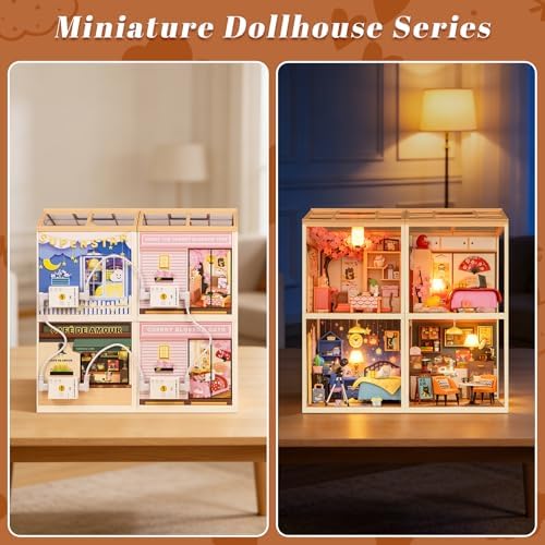 DIY Retro Coffee Shop Miniature House Kit, 115 Pieces Mini Dollhouse with Furniture & LED Light with Roof & Dust Covers Tiny House Toy for Adults - Image 5