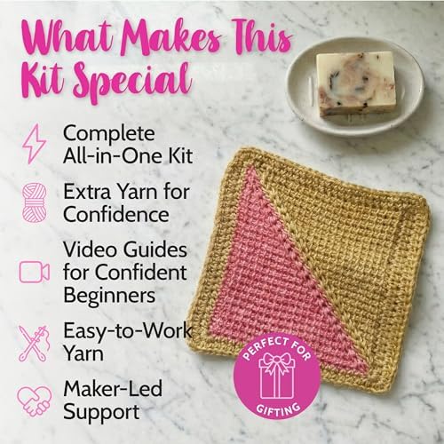 Tunisian Crochet Dishcloth Kit for Beginners - Camel Brown + Flamingo Pink - Image 2