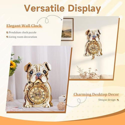 Kosmickiss 3D Puzzles for Adults, Wooden Bulldog Wall Clock Model Kits - Image 3