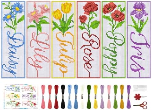 BEUNITONE 6 PCS Cross Stitch Bookmark Kit for Adults Beginners,Text and Flowers Pre-Printed Cross Stitch,DIY Stamped Embroidery Bookmark Kits,with Instructions,Craft Kit for Book Lovers 8.5''x3'' by BEUNITONE