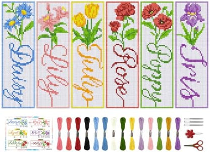 BEUNITONE 6 PCS Cross Stitch Bookmark Kit for Adults Beginners,Text and Flowers Pre-Printed Cross Stitch,DIY Stamped Embroidery Bookmark Kits,with Instructions,Craft Kit for Book Lovers 8.5''x3'' by BEUNITONE