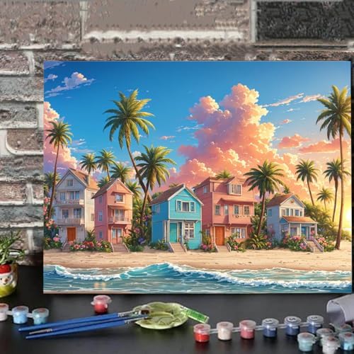 Lovepefe Romantic Beach Paint by Numbers Kit for Adults Beginners Seaside Painting by Number Kits on Canvas Landscape DIY Oil Painting Art Gifts Home Wall Decor 16x20 Inch - Image 3