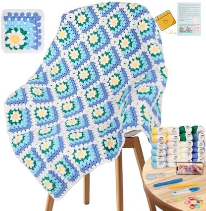 Coopay Crochet Kit for Beginners, Easy 3D Granny Square Blanket Kit, Blue by Coopay