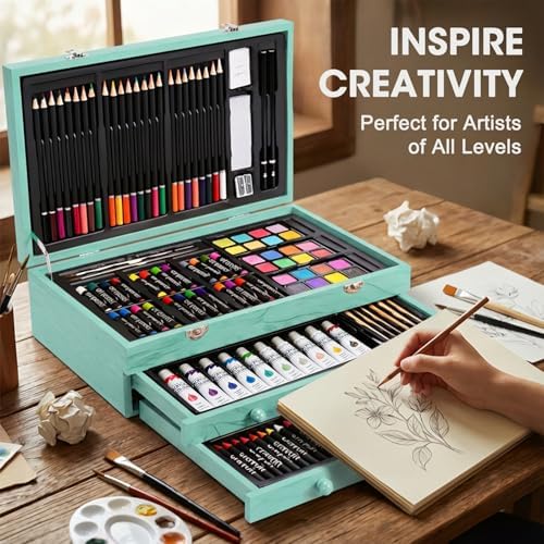 175-Pack Deluxe Wooden Art Set Drawing Painting Kit with 2 Drawing Pads, Acrylic Paints, Colored Pencils, Crayons, Paint Brush, Art Kit in Wooden Case, Gift for Artist, Adults, Teens and Kids - Image 6