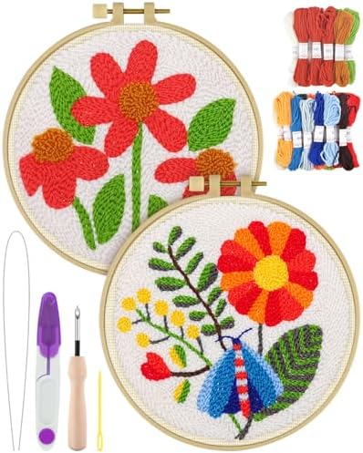 ERKOON Punch Needle Kit Adults Beginners, 2 Pcs DIY Easy Flower Embroidery Set for Starter Art Craft, Needling Punching Project with Patterns, Tools, Yarns, Hoop, Instruction (Safflower) by ERKOON