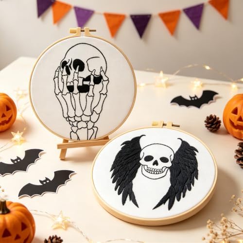 Skull Halloween Embroidery Kits for Beginners Adults, Gothic Embroidery Sets Needlepoint Kits, Halloween Stamped Cross Stitch Kits for Beginners Adults, 2 Embroidery Hoops (Attached Video Tutorial) - Image 2