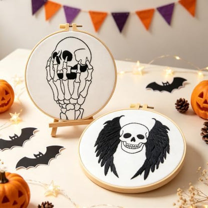 Skull Halloween Embroidery Kits for Beginners Adults, Gothic Embroidery Sets Needlepoint Kits, Halloween Stamped Cross Stitch Kits for Beginners Adults, 2 Embroidery Hoops (Attached Video Tutorial) - Image 2