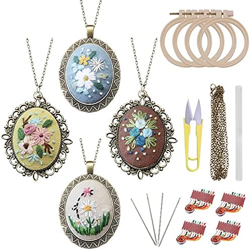 ZOCONE 4 Packs Embroidery Necklace Kits, Embroidery Pendant Kit Mini Cross Stitch Kit with 4 Hoops, Necklace, Pendant, Stamped Pattern Cloth, Instructions, etc., Embroidery Kits for Adults by ZOCONE