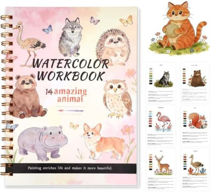 Landhoow Animals Watercolor Workbooks, Water Coloring Book for Adult Beginners 14 Animal Designs Friendly Painting Arts Crafts Exploration Gifts for Birthday Back to School by Landhoow