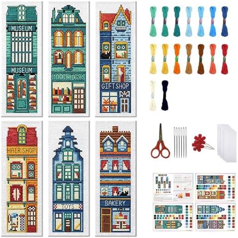 FREEBLOSS 6 Set Cross Stitch Bookmark Kits 11CT 8"x2.4" Street View by FreeandCreativeCraftsArt