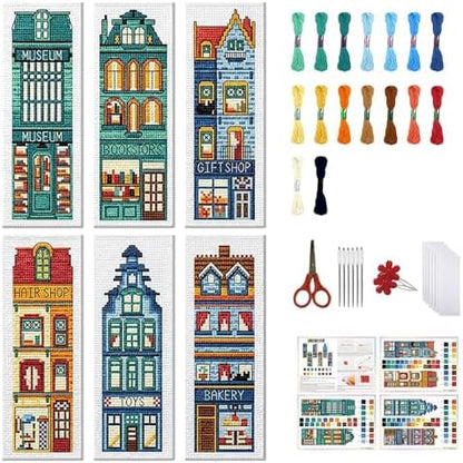FREEBLOSS 6 Set Cross Stitch Bookmark Kits 11CT 8"x2.4" Street View by FreeandCreativeCraftsArt