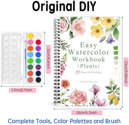 SLWBZ Watercolor Workbook Flower Plants, 15 Different Patterns of Original DIY Designs, 16 Color Watercolor Paint Plates with Palette and Brush, Beginner-Friendly Watercolor Workbooks, Plants - Image 2