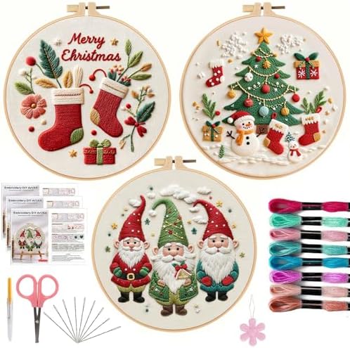 Offizon Christmas Embroidery Kit for Beginners, 3 PCS Starter Cross Stitches, Winter Santa Handicrafts, Merry Chistmas by OFFIZON