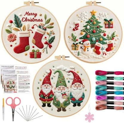 Offizon Christmas Embroidery Kit for Beginners, 3 PCS Starter Cross Stitches, Winter Santa Handicrafts, Merry Chistmas by OFFIZON