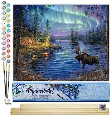 Figured'Art Paint by Numbers for Adults Moose and Aurora Borealis 16"x20" - Craft Art Painting Rolled Canvas with DIY Wooden Frame by FiguredArt