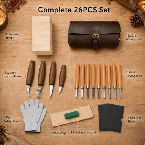 26Pcs Deluxe Wood Carving Kit, Whittling Knife Set with Leather Storage Case, Basswood Blocks & Safety Gloves, Woodworking Tools for Beginners Adults Kids, DIY Craft Gift for Men Teens - Image 2