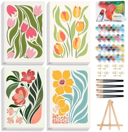 Okarina 4 Pack Paint by Numbers Kit for Adults with Frame, Easy Flower by Okarina