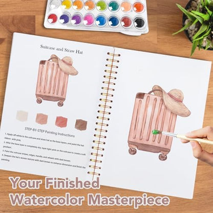 Easy Watercolor Workbook for Beginners - 12 Beautiful Step-by-Step Paintings Water Coloring Book, Includes 16 Colors Paints, Relaxing Art Projects and Creative Gift for Adults & Teen (Travel) - Image 6