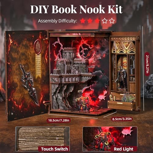 MiniCity Sword of Fire Book Nook Kit, 3D Wooden Bookshelf Puzzle with LED - Image 5