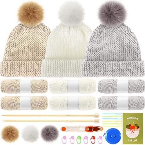 Syhood Hat Knit Set with Yarn Bamboo Needle Pom,White, Khaki White, Khaki by Syhood