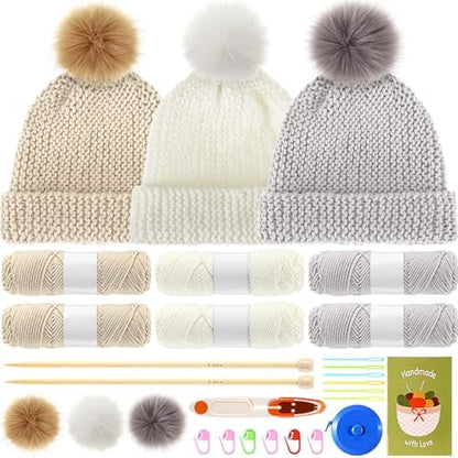Syhood Hat Knit Set with Yarn Bamboo Needle Pom,White, Khaki White, Khaki by Syhood