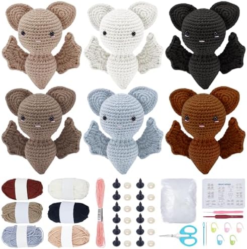 ORIGACH 6 Set Halloween Bat Crochet Kit for Beginners, DIY Cute Amigurumi Yarn Set with Video Guide, Yarn & Tools, Complete Crochet Starter Pack, Crocheting Gifts for Halloween Decor by ORIGACH