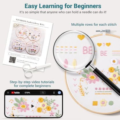 VIVIDOX 4 Sets Embroidery Kit for Beginners Adults, 25 Stitches Practice Kits Cross Stitch for Starter, DIY Hand Craft with Stamped Pattern, Bamboo Hoop, Threads, Scissors, Tools, Instruction - Image 5