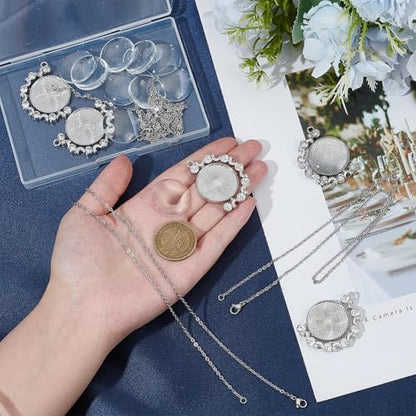 24Pcs 6 Sets Cabochon Necklace Kit Round Bezel Pendant Trays with Glass Cabochons Chain Double Sided Rhinestone Rotatable Charm for Jewelry Making Supplies DIY Necklace Birthday Gift Adults - Image 3