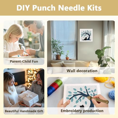 Doodlream Cat Under Tree Needle Kit for Beginner, 9.4"x 9.4" Black Kitty Punch Stitching Craft Set, DIY Embroidery Starter with Printed Frame, Instruction, Threader, Yarn, Pinch Needle - Image 4