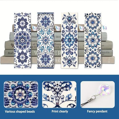 4pcs Diamond Art Bookmark Set - Blue and White Porcelain Pattern, Crystal Water Diamond Art Gift with Diamond Pendant, Suitable for Office, School Reading Enthusiasts, DIY Crafts Gifts, Birthday Gifts - Image 4
