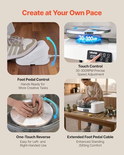 VEVOR Pottery Wheel for Adults, 14" and 11" Turntables, 450W Electric Table Top Pottery Wheel with Foot Pedal, 30-300 RPM Adjustable Speed, Aluminum Body, for Beginners, DIY Clay Art Craft, White - Image 4