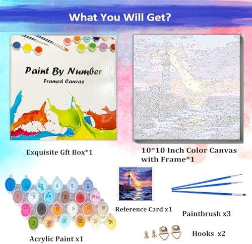 JUJUHOOD Sunset Lighthous Framed Paint by Numbers Kit for Adults Beginner & Kids Ages 8-12,Seaside Paint by Number Without Easel,Paint by Numbers for Gift Home Wall Decor (10x10Inch) - Image 4