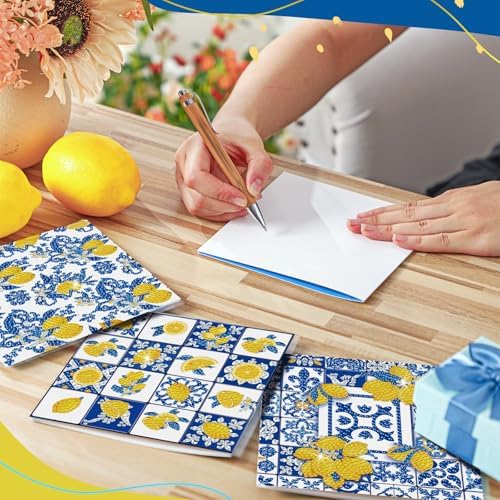 Saillong 12 Pack Lemon Diamond Painting Greeting Cards Kits Summer Capri Italy Lemon Diamond Art Cards with Envelopes Blue Yellow 5D Rhinestones Painting Making Kit for Adult DIY Craft Summer Gifts - Image 2