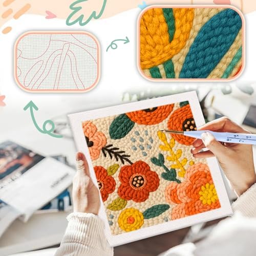 SDOYUNO Punch Needle Kit with Frame for Adults Beginners Kits 9.84 x 9.84 Inch Embroidery Starter Kits Punch Needle Kit with Flowers Pattern, Threader, Yarns, Rug Punch, DIY Craft Kits (Orange) - Image 4