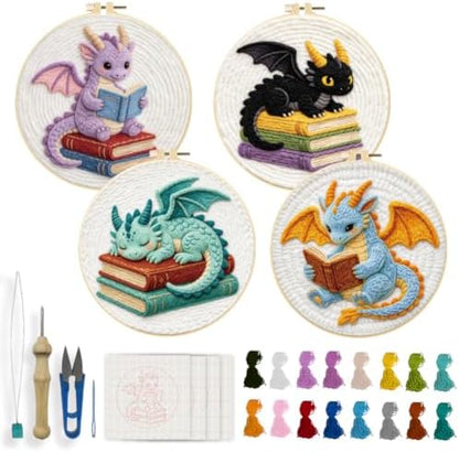 INFUNLY 4 Set Dragon Books Punch Needle Kit for Beginners Cute Wing Dragons Punch Needle Embroidery Starter Kit 8.7×8.7Inch DIY Needlepoint Set with Instruction for Festival Gift Home Decor by INFUNLY