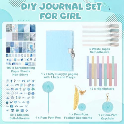 Janlaugh DIY Journal Diary with Lock Pack Scrapbook Kit, Blue, Plush - Image 2