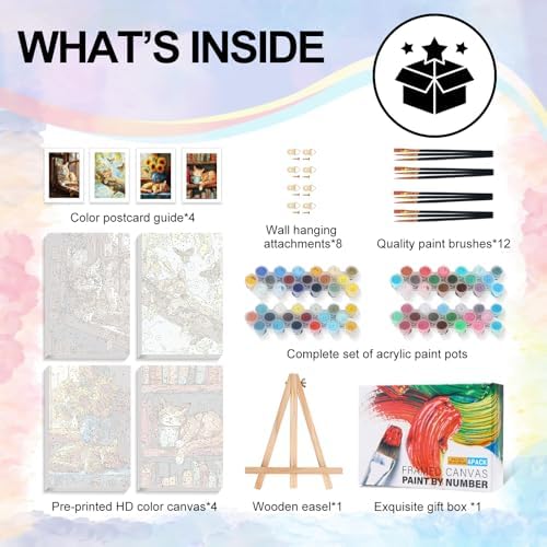 4 Pcs Framed Paint by Numbers Kit for Adults Sleeping Cat with Wooden Easel - Image 5
