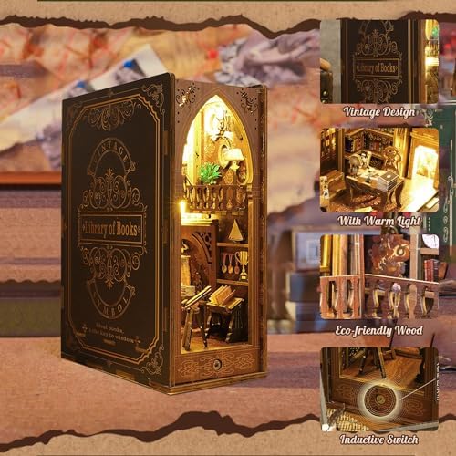 Book Nook Kit, MOJINO DIY Miniature 3D Puzzle Wooden Bookends Doll House with LED Lights for Bookshelf Decor, Tiny Miniverse Model House Art Craft for Adults Gril Halloween Christmas Decoration Gift - Image 3