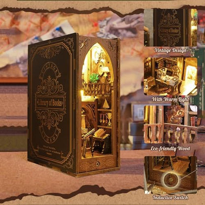 Book Nook Kit, MOJINO DIY Miniature 3D Puzzle Wooden Bookends Doll House with LED Lights for Bookshelf Decor, Tiny Miniverse Model House Art Craft for Adults Gril Halloween Christmas Decoration Gift - Image 3