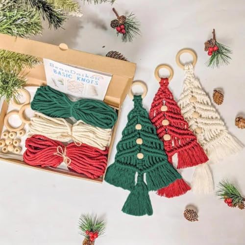 3 Pack Christmas Tree DIY Macrame Kit,Christmas Macrame Woven Boho Xmas Tree Decorative Hanging Ornaments,for Beginners Xmas Winter Holiday Party Wall Hanging Party Supplies - Image 4