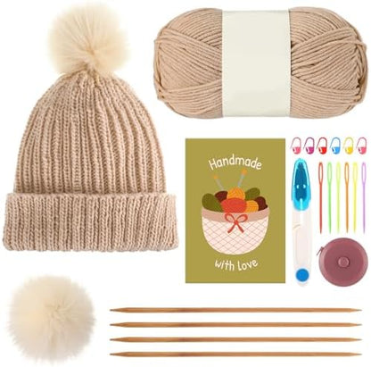 GliCraft Hat Knitting Kit for Beginners with Yarn Needles Pom,Beige by GliCraft