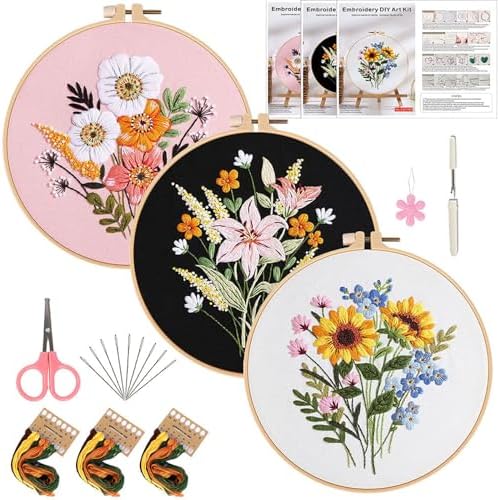 FEIYUENO 3 Sets Flowers Embroidery Kit for Beginner Adults (Floral) by FEIYUENO