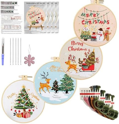 Huacan Embroidery Kits for Adults Beginner 4 Pcs Stamped Christmas Tree Pattern Stitching DIY Sewing Kit 7.9 x 7.9 Inch by Home