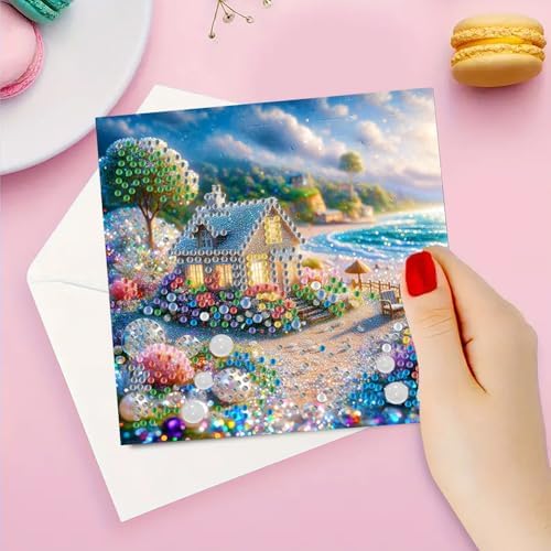jinglinhh 6pcs Dream House Seaside Diamond Art Painting Greeting Cards with Envelopes, DIY Card Making Kits for Adults, Diamond Art Postcards Holiday Cards Craft Gifts - Image 5